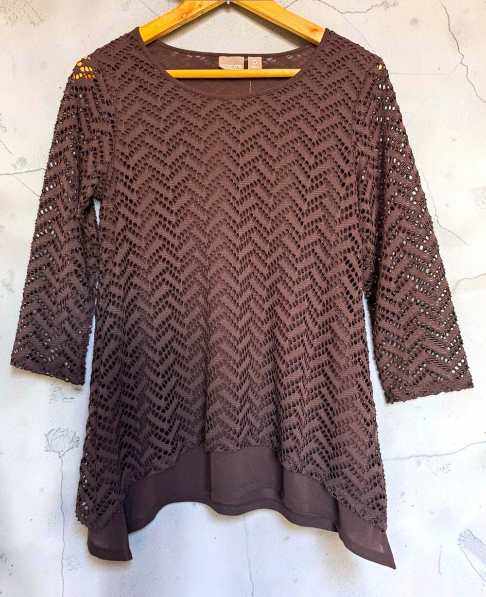 NWT Chico's Brown Lace Chevron Lined 3/4 Sleeve Pullover Blouse Size S